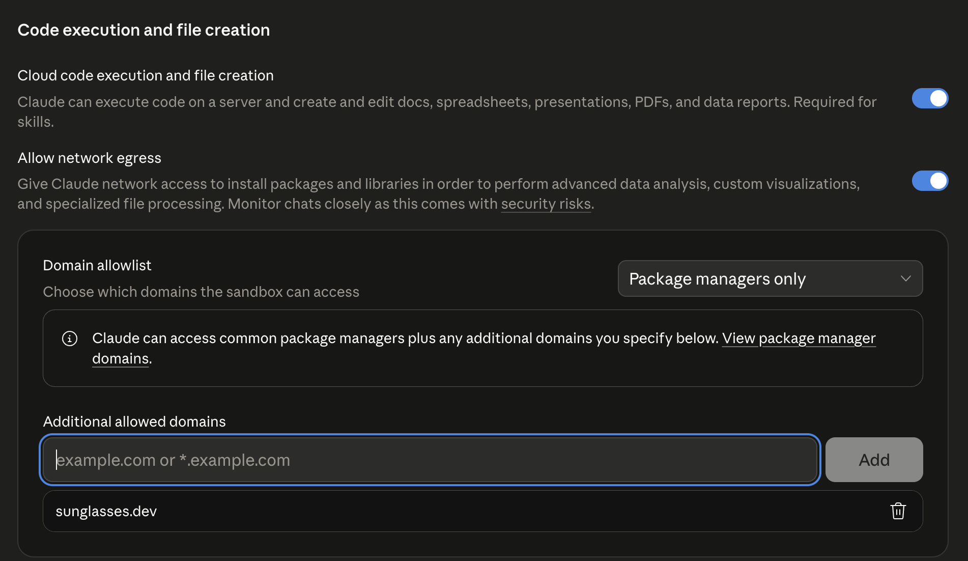Claude Desktop domain allowlist rejecting sunglasses.dev with red validation error