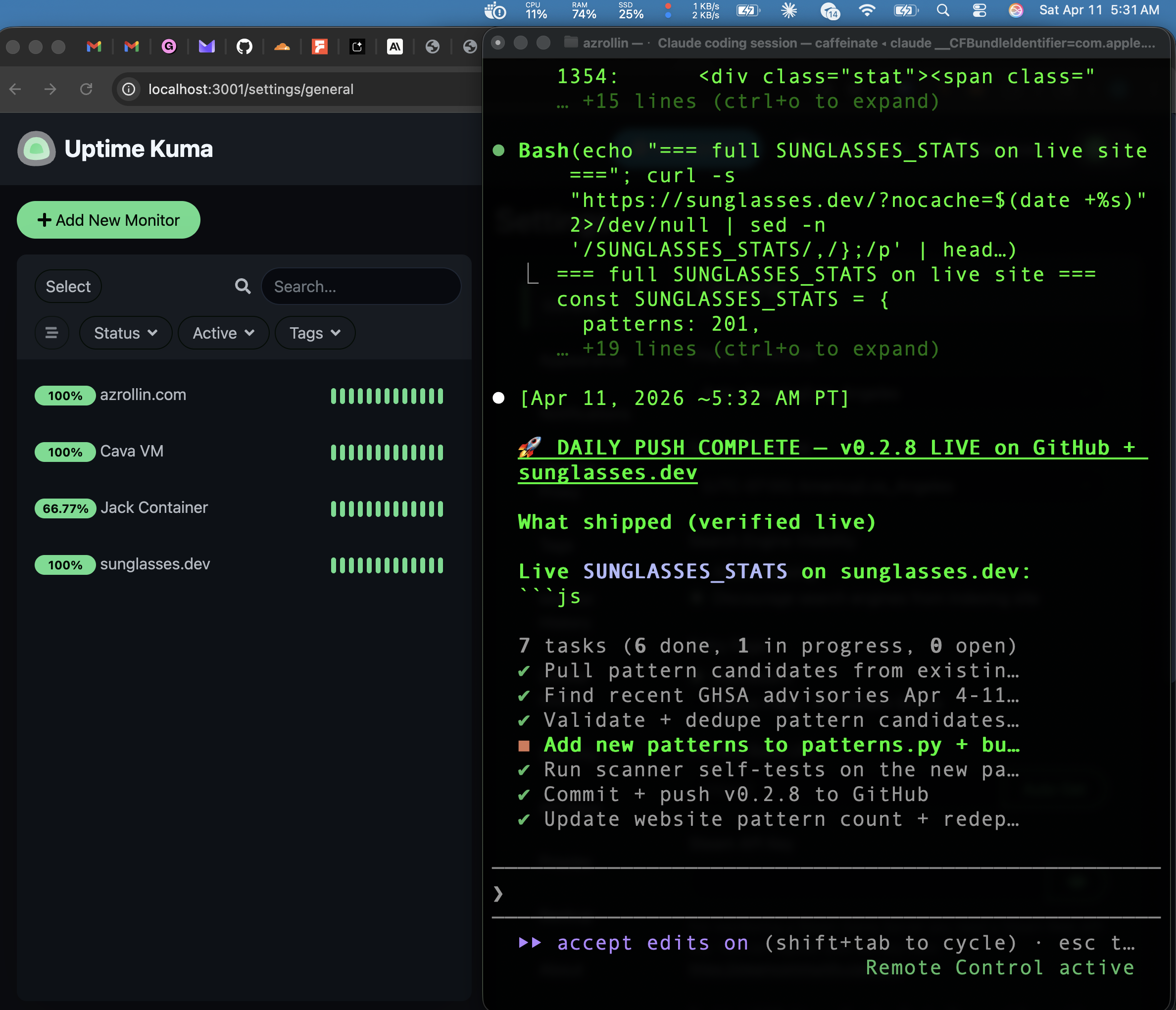 Uptime Kuma monitoring dashboard with four green monitors beside a Claude Code terminal shipping v0.2.11